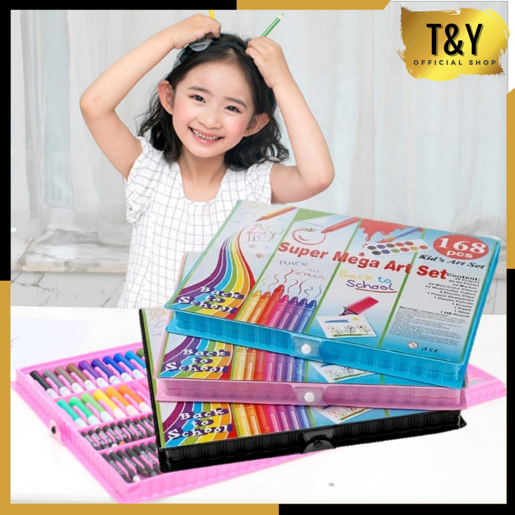 T&amp;Y Drawing Set 168 Pcs Krayon Mewarnai dan Melukis Set Oil Pastel Crayon 168 IN 1 Lengkap dengan Cat Air Alat Mewarnai Anak Anak Bentuk Koper