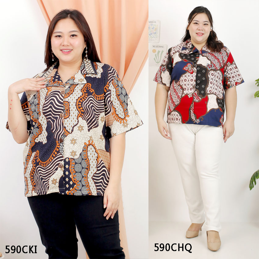 BIGCLO - (COD) LD 112-122cm Kemeja Batik Jumbo Bigsize Baju Atasan Wanita Big Size 590 vol50