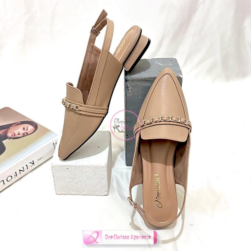 7.7 CLARISSE MANDA Sepatu Heels Wanita Mules Tali Hak 2 CM Slip on Rantai