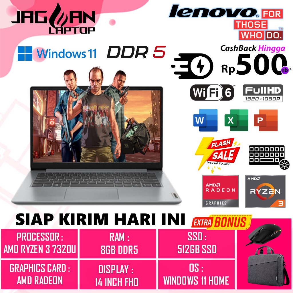 LAPTOP LENOVO IDEAPAD SLIM 1 14 AMD RYZEN 3 7320U 8GB DDR5 512GB 14&quot; FHD WIN11HOME + OHS CLOUD GREY / SAND