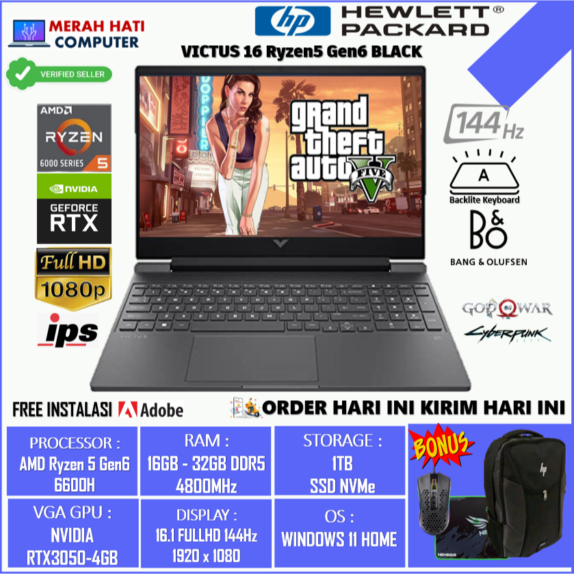 LAPTOP HP VICTUS 16 AMD RYZEN 5 6600H 16GB DDR5 1TB SSD RTX3050-4GB 16.1FHD 144HZ BACKLITE WINDOWS 11 BLACK ORIGINAL