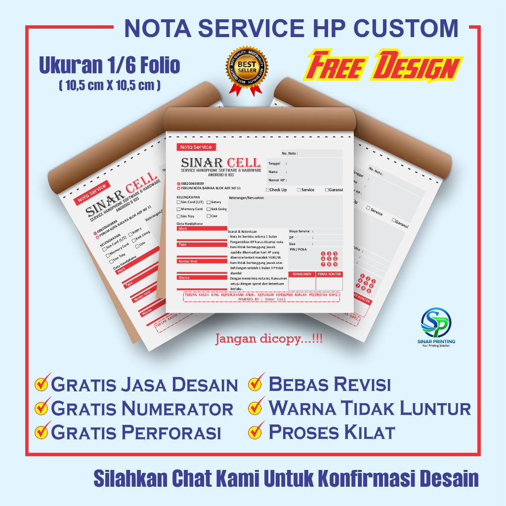 NOTA SERVIS HP CUSTOM UKURAN 1/6 FOLIO NOTA KONTER - NOTA SERVICE HP - NOTA CUSTOM PROSES CEPAT