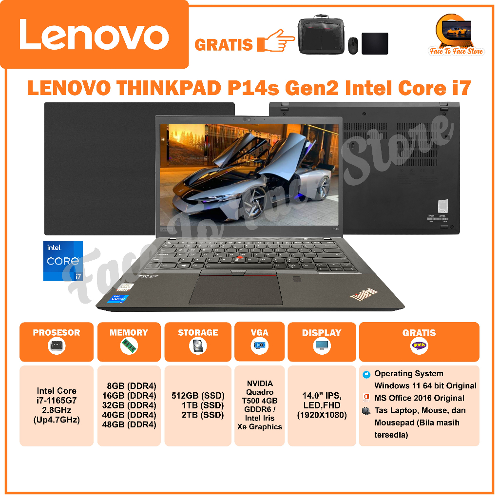 Laptop Terlaris.Lenovo Thinkpad P14s Gen2.Intel Core i7 Generation11.Ram 8GB/16GB/32GB/40GB/48GB.M.2 NVMe PCIe SSD 512GB/1TB/2TB.IPS.LED.FHD 1920X1080.Kamera.Design.Gaming.14.0inch.Win10+Office2016 Original