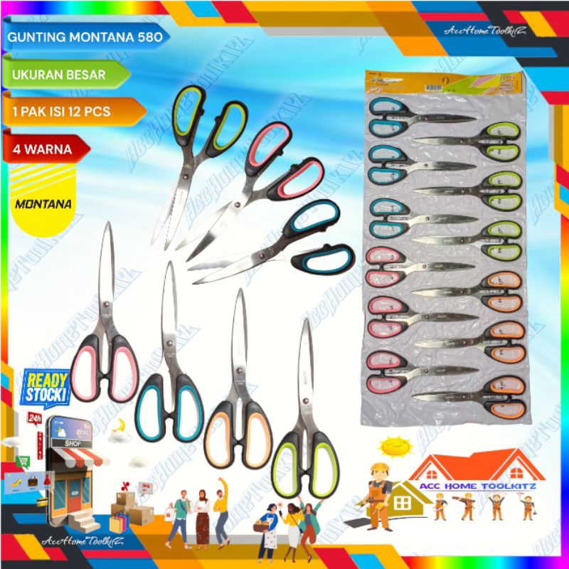 Gunting Kertas Sebaguna Scissors Original Gunting Warna Besar Montana STL 580 Stainless Steel Renteng 12 pcs Ukuran Besar 580 Rentengan 12pcs