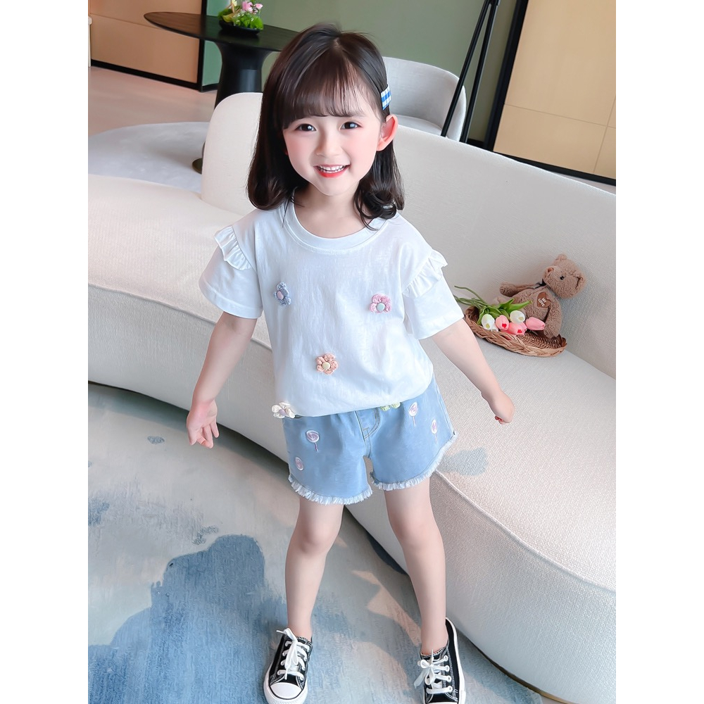 Kaos Anak Perempuan Impor Korea Fashion Lengan Pendek Motif Bunga