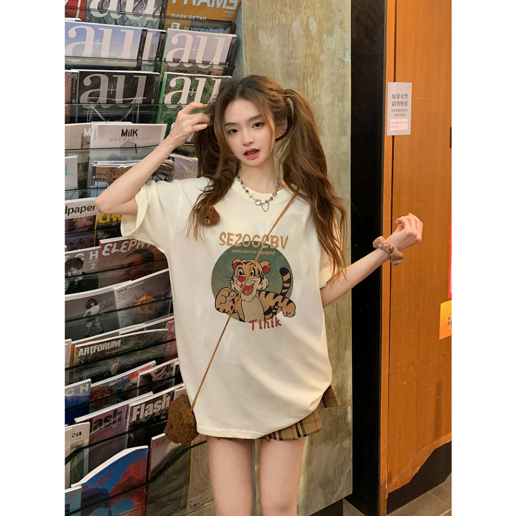 EUNII T-shirt Lengan Pendek Cartoon Tigger Printing Korean Style/Kaos Atasan Wanita/Baju Wanita/Kaos Wanita