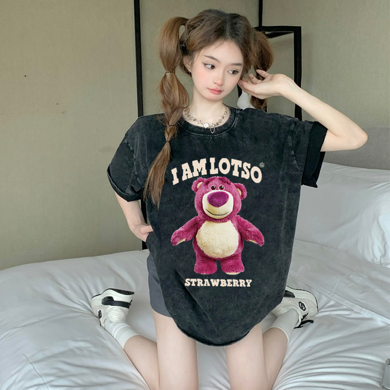 Print Washed T-shirt Kaos Lengan Pendek Oversize Cute Strawberry Bear Korean Style Atasan Wanita