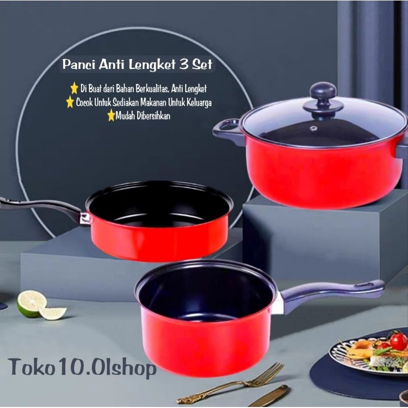 Panci Dan Wajan Penggorengan Teflon Set Isi 3 Pcs⭐ Toko10 ⭐