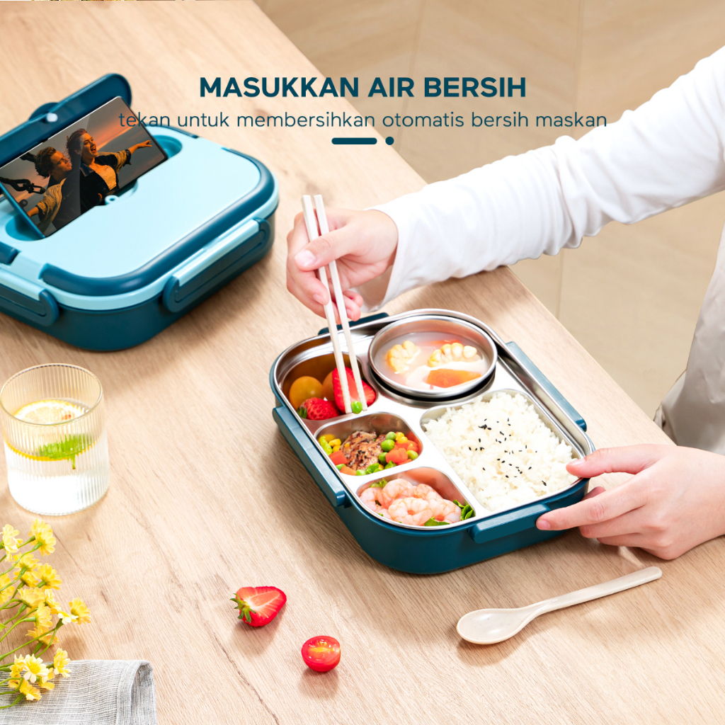 ecentio Kotak bekal makan stainless  5 sekat + tempat sup Lunch Box  termal anti tumpah tempat makan Tahan Panas 1000ml  with Sendok