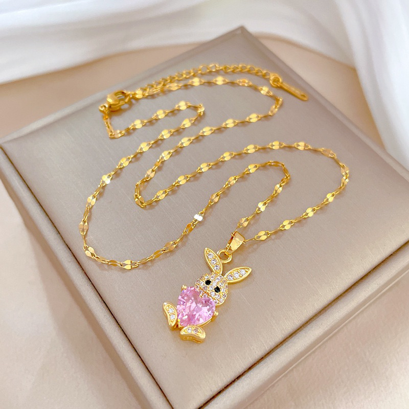 kalung kelinci hati pink titanium cantik