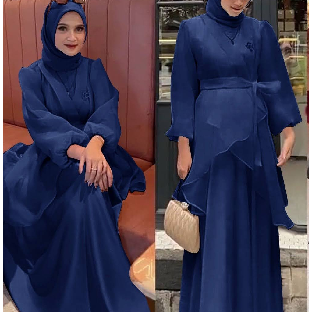 ELDE 12 - MAXI ORGANZA MAXY DRESS ( M - L - XL - XXL ) BAHAN VELVET BAGIAN CARDI ORGANZA DEPAN NYATU, LENGAN LAPIS ORGANZA, SLETING DAN KARET BELAKANG + BELT TALI ORGANZA ( NO BROSS )