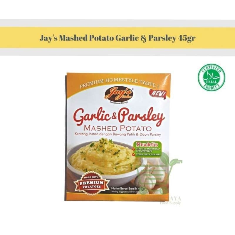 

Jay's Mashed Potato Garlic & Parsley 45gr / Tepung Kentang Halus dan Lembut dengan Bawang Putih & Parsley