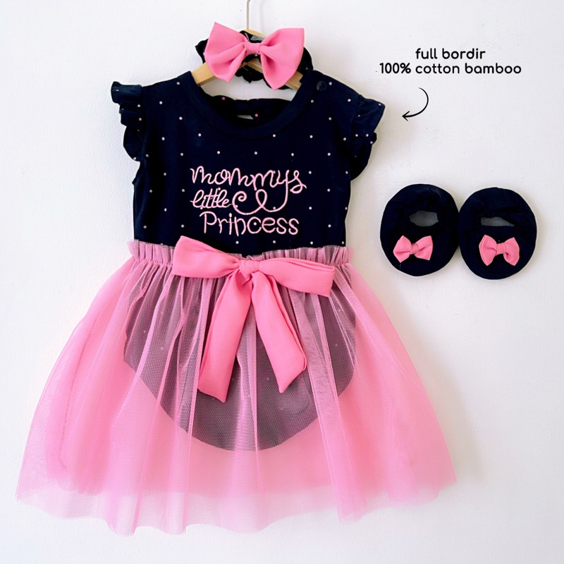 Mommy Little Princess Jumper Tile NewBorn Baju Setelan Jumper Rok Bandana Sepatu Pergi Lucu Fashion Anak Bayi Perempuan