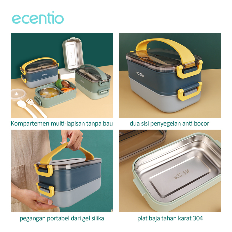 ecentio lunch box 2 susun stainless 304  anti tumpah tempat makan kotak 1200ml+180ml  with Mangkuk sup free sendok