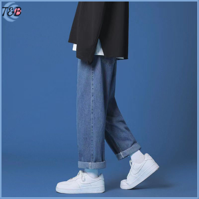 Celana jeans korean style pria celana panjang pria jeans kulot celana cowok panjang kekinian keren oversize Biru tua baggy pants