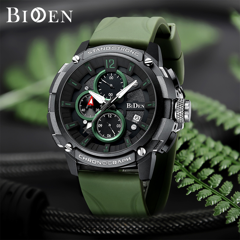 BIDEN Jam Tangan Pria Anti Air Olahraga Militer Chronograph Tali Silikon Jam Tangan Cowok Kuarsa