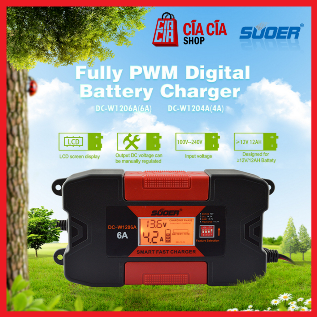 Suoer DC-W1204 Portable Smart Fast Car Battery Charger 12V 4A Digital Charger Aki Motor Sepeda Mobil 12V