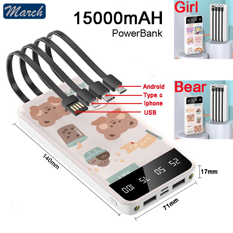 5IN 1 Power Bank 15000mh Powerbank IPHONE Minipowerbank samsung xiaomi Fast Charging Mini Power. Bank Type C HUAWEI OPPO VIVO Android IP Portable Pawer Bank IOS Cute iphone x xr 11 12 13 14 pro PowerBank Powerbeng Powerbang