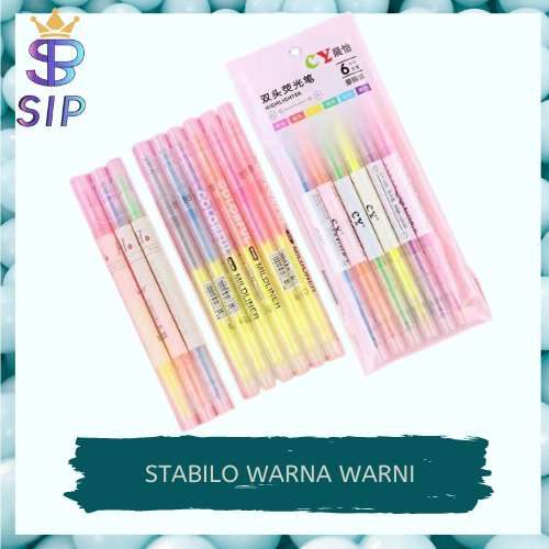 Stabilo panjang 6 warna/ dua arah ujung mata yang berbeda / Highlighter warna warni Stabilo panjang 6 warna / dua arah ujung mata yang berbeda / Highlighter warna warni