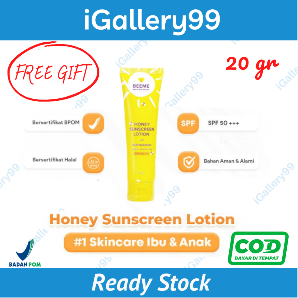 Bisa COD Reseller Resmi Beeme Honey Sunscreen Lotion with Niacinamide SPF 50+++ 20gr Suncreen Ibu dan Anak