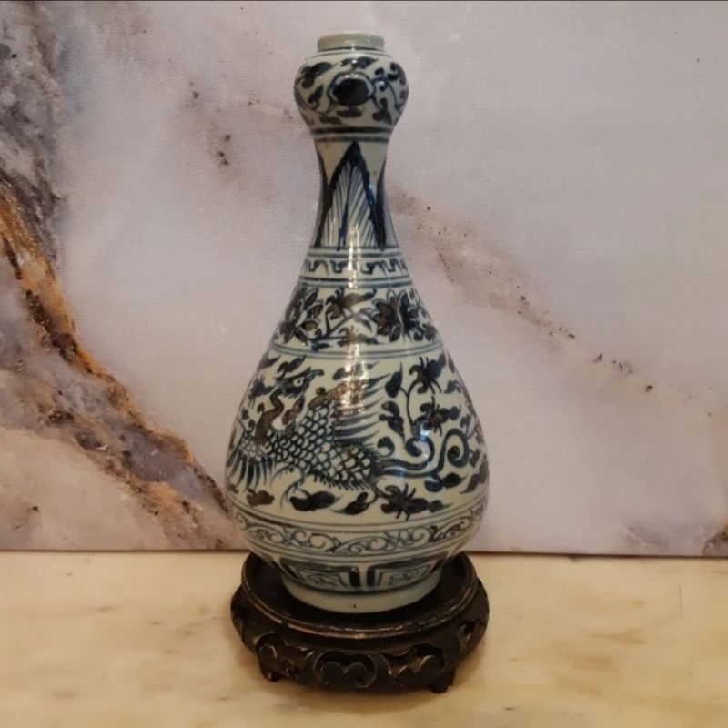 Guci Antik Memphis Motif Burung Hong Lukis Tangan