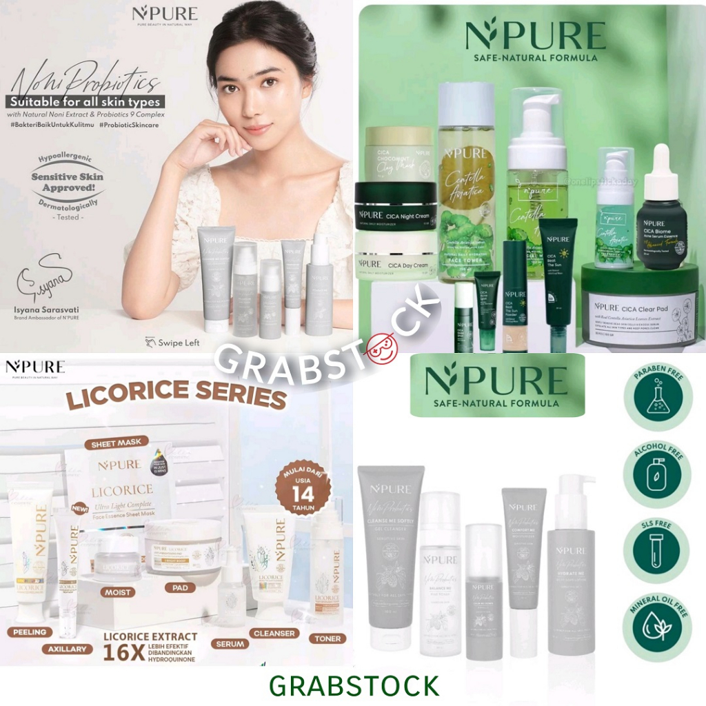 NPURE Licorice Cica Centella Asiatica Noni Probiotics Series Face Toner Serum Clear Pad Serum Day Night Beat the Sun Powder Cleanser N' Pure