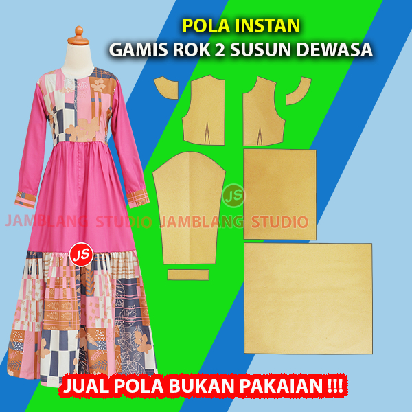 Pola Instan Gamis Rok 2 Susun Dewasa All Size [9 Size XXS-4XL] Pola Semua Ukuran Jamblang Studio