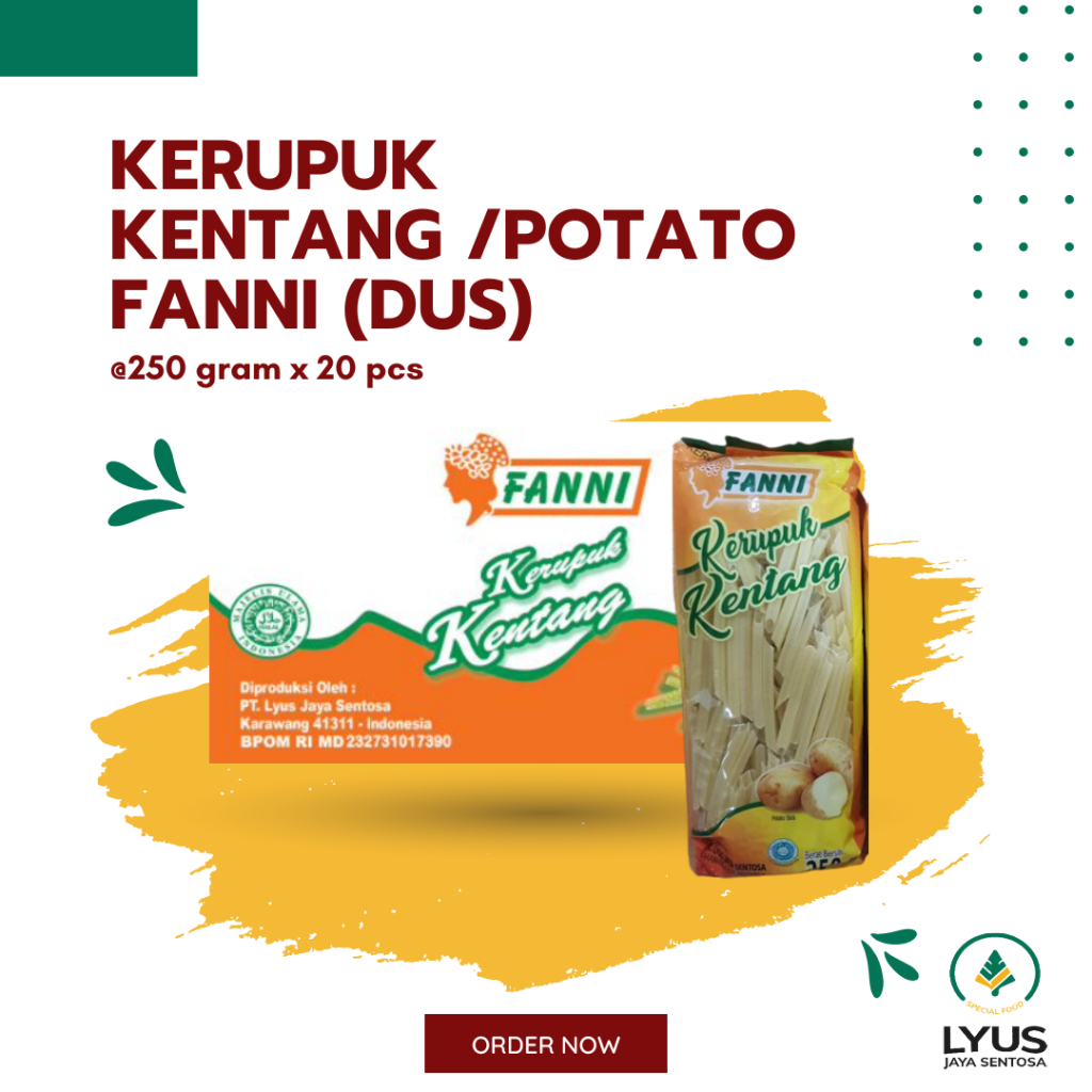 

Kerupuk / Krupuk Potato Kentang Fanni @250g x 20pcs (dus)