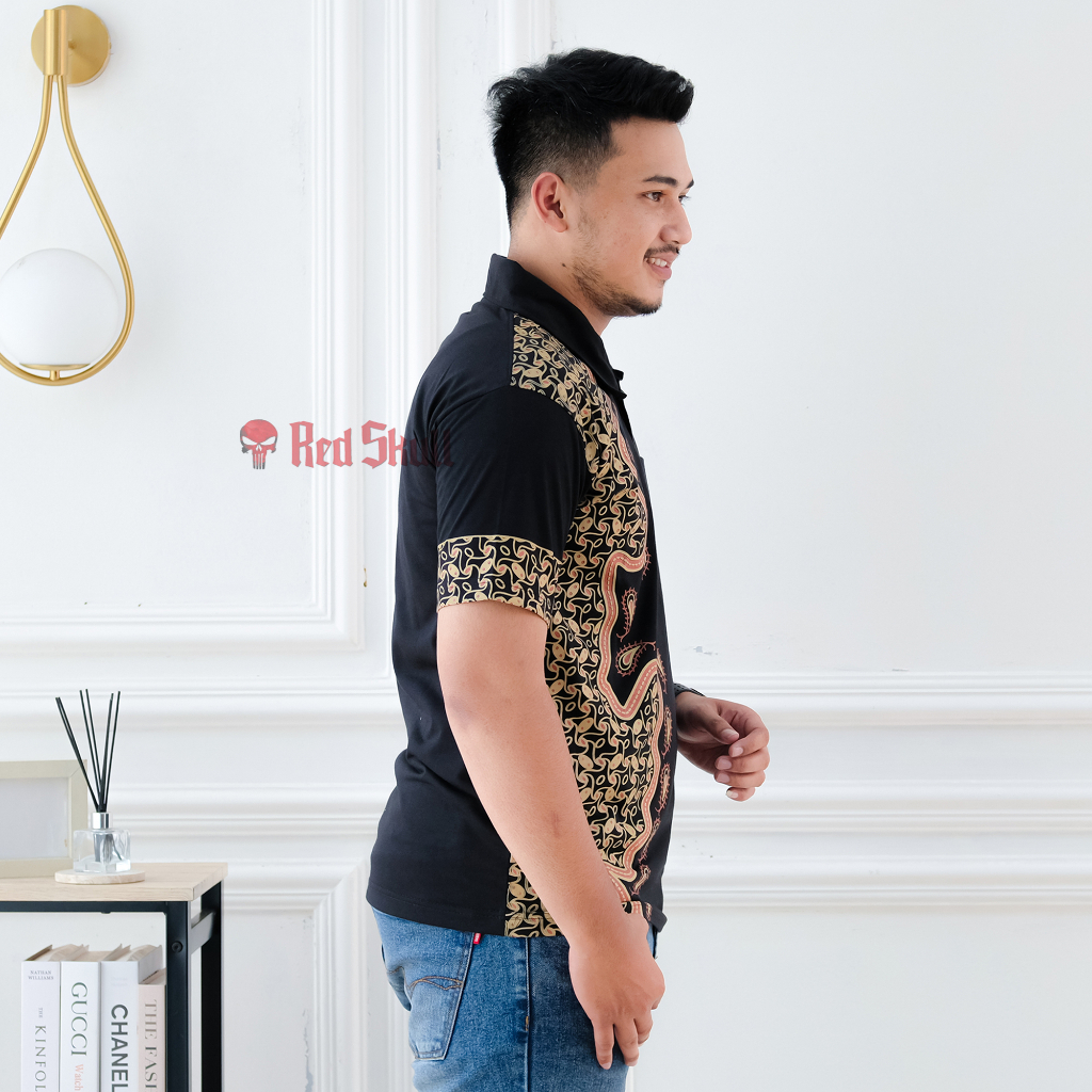 RED SKULL Kaos Kerah Polo Katun Batik Kawung Besar Batik Solo Ada Saku