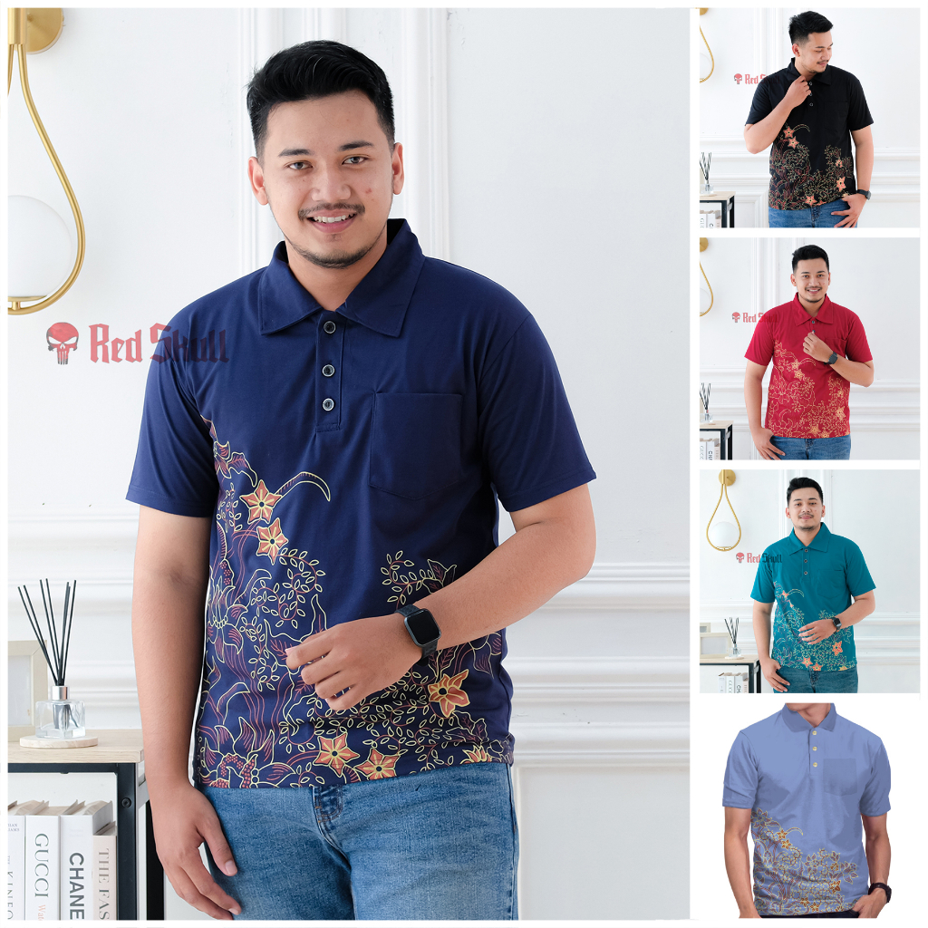 RED SKULL Kaos Kerah Polo Katun Motif Batik Bunga Tulip Ada Saku