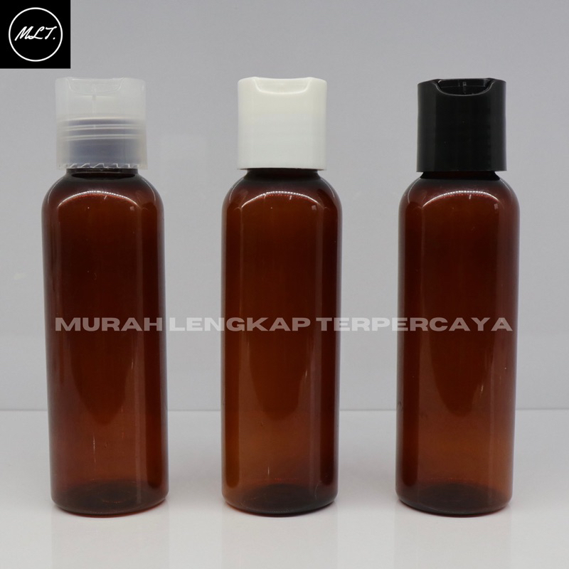 BOTOL BR 100ML AMBER TUTUP PRESSTOP HITAM 100 ML DISC TOP PET COKLAT PUTIH CLEAR WHITE BLACK PLASTIK PRESTOP