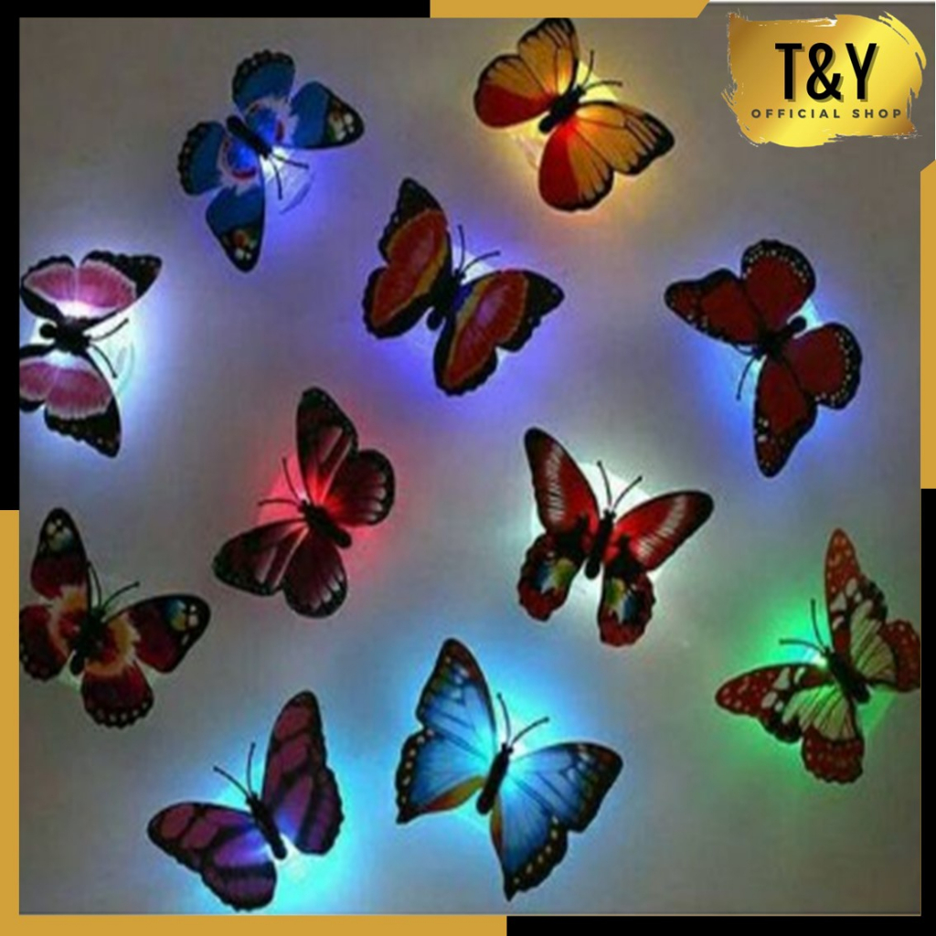 T&amp;Y Stiker 3D Kupu Kupu Led Dekorasi Lampu 7 Warna Sticker Butterfly Led Light Dekorasi Kamar Tidur Murah Import