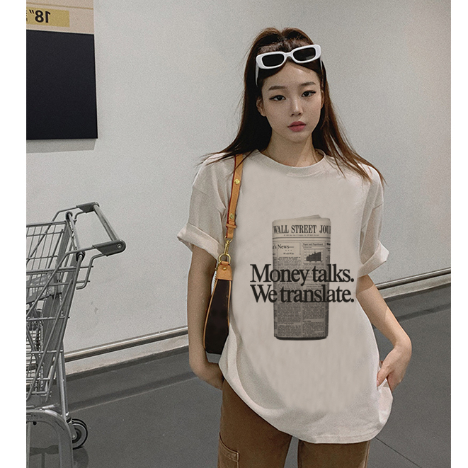 kaos korea wanita lengan pendek newspaper graphic print t-shirt import kekinian kaos cream ootd