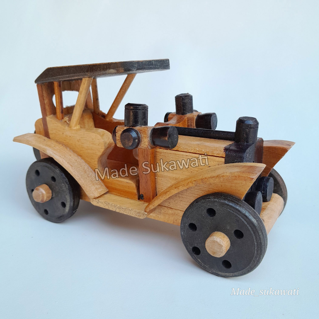 Miniatur mobil klasik 19cm kerajinan kayu handmade