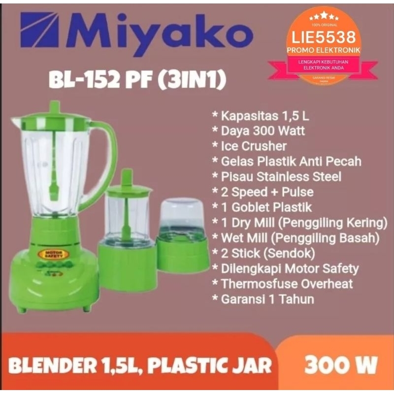 MIYAKO BL-152PF / BL 152 PF / BL-151PF / BL 151 PF Blender Plastik 1,5 L ICE CRUSHER 3IN1/2IN1 GARANSI RESMI