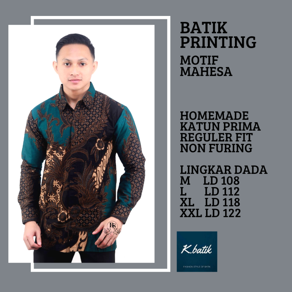 KEMEJA BATIK PRIA LENGAN PANJANG BATIK MODERN MOTIF MAHESA HIJAU SIZE M L XL XXL  KHARISMA BATIK