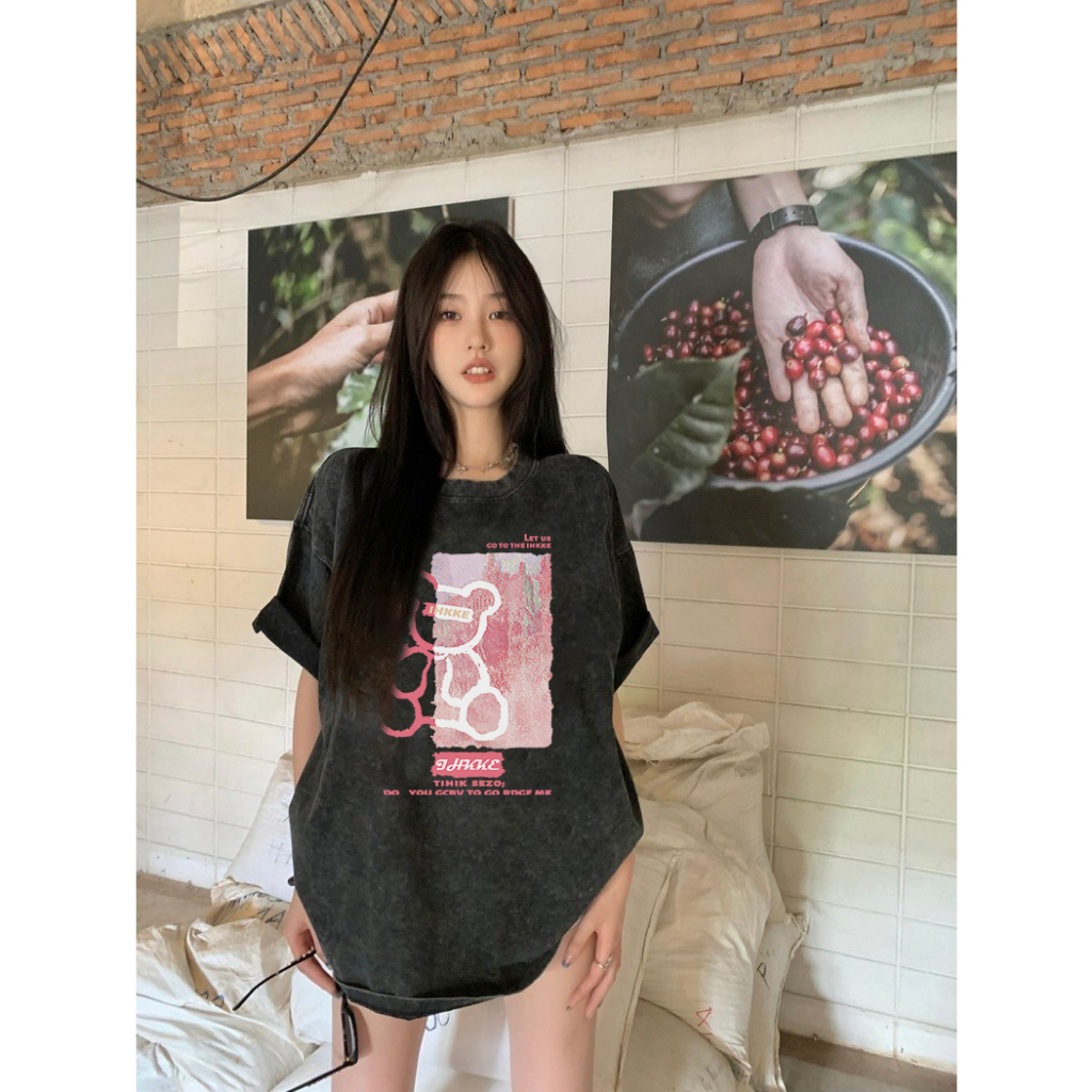 EUNII T-shirt Lengan Pendek Black Washed Cartoon Pink Bear Printing Korean Style/Kaos Atasan Wanita/Baju Wanita