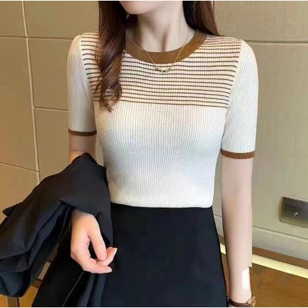 Kaos Rajut Wanita Lengan Pendek Polos Salur Import | Baju Rajut Wanita Lengan Pendek Salur Polos Imp