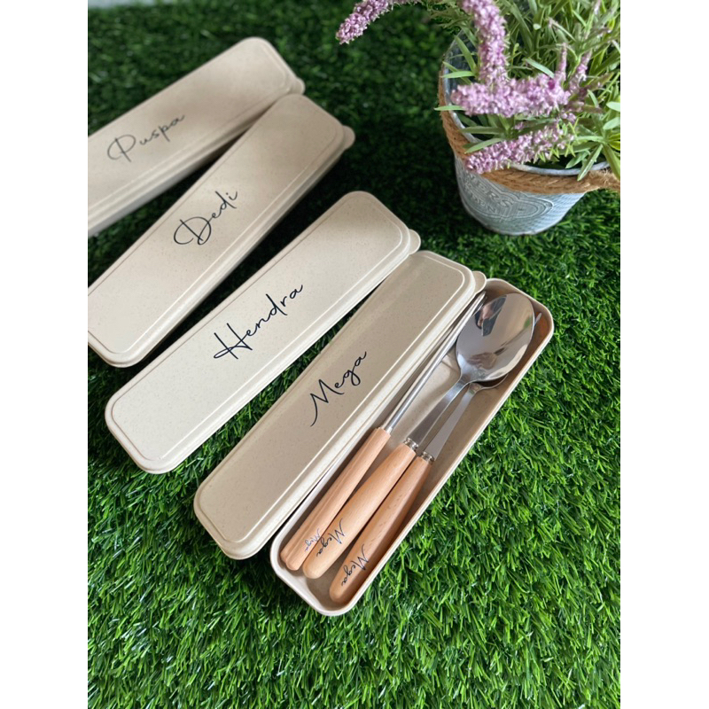 cutlery / sendok set / sendok box custom nama aestetic