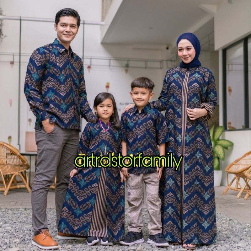 Batik Couple Keluarga Gamis Kemeja Songket zigzag baru biru