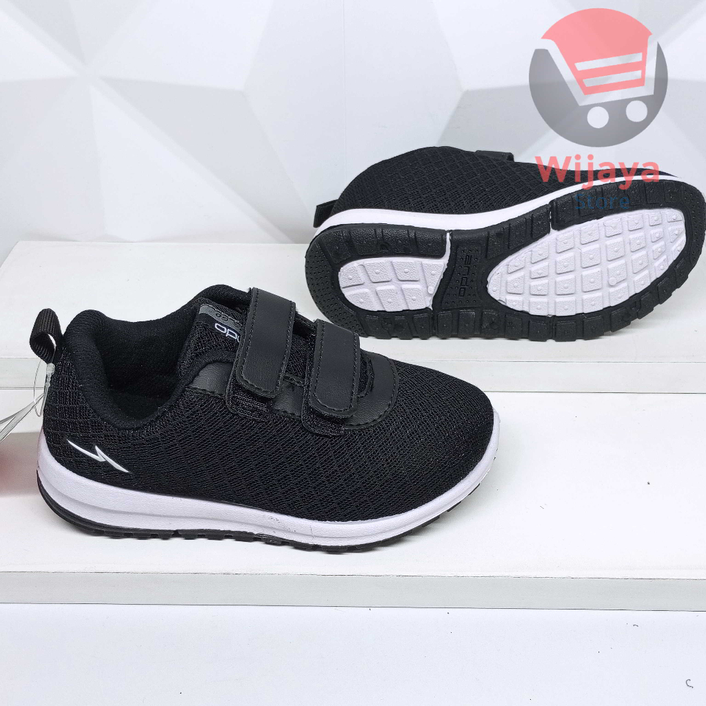 Sepatu Sekolah Ando 29-32 Sneaker Anak Hitam Putih Desain Strap Velcro Model SAGA BSC Nitta