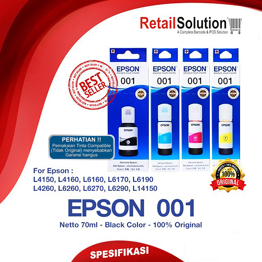 Tinta Epson 001 - Tinta L4150 L4160 L6160 L6170 L6190 1 Set Warna CMYK