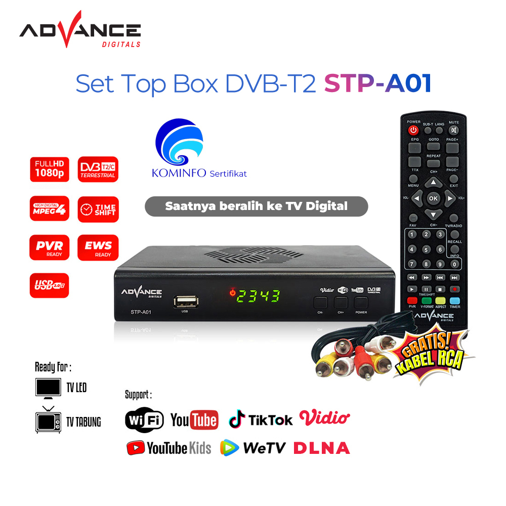 ADVANCE Set Top Box TV Digital Receiver Penerima Siaran Full HD/ STB Wifi Bisa Youtube DVB-T2 STP A01 (Bisa dapet semua channel )