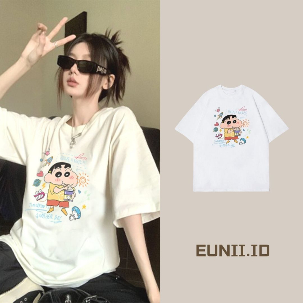 EUNII T-shirt Lengan Pendek Cartoon Crayon Shinchan Printing Korean Style/Kaos Atasan Wanita/Baju Wanita/Kaos Wanita