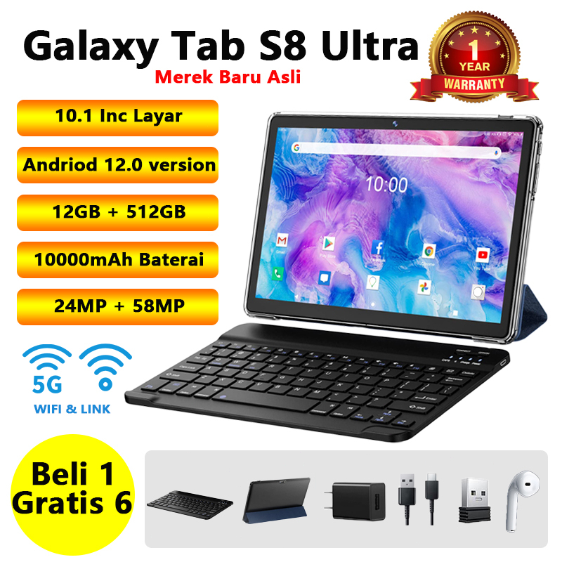 10.1 Inci Layar Tablet PC 12GB + 512GB Galaxy Tab S8 Ultra Baru Tablet Android 12.0 Full Screen Layar Besar Pembelajaran Tablet android WIFI 5G Dual SIM Tablet Untuk Anak Keyboard Hadiah+Kasing Kulit+Headset+Jarum Kartu