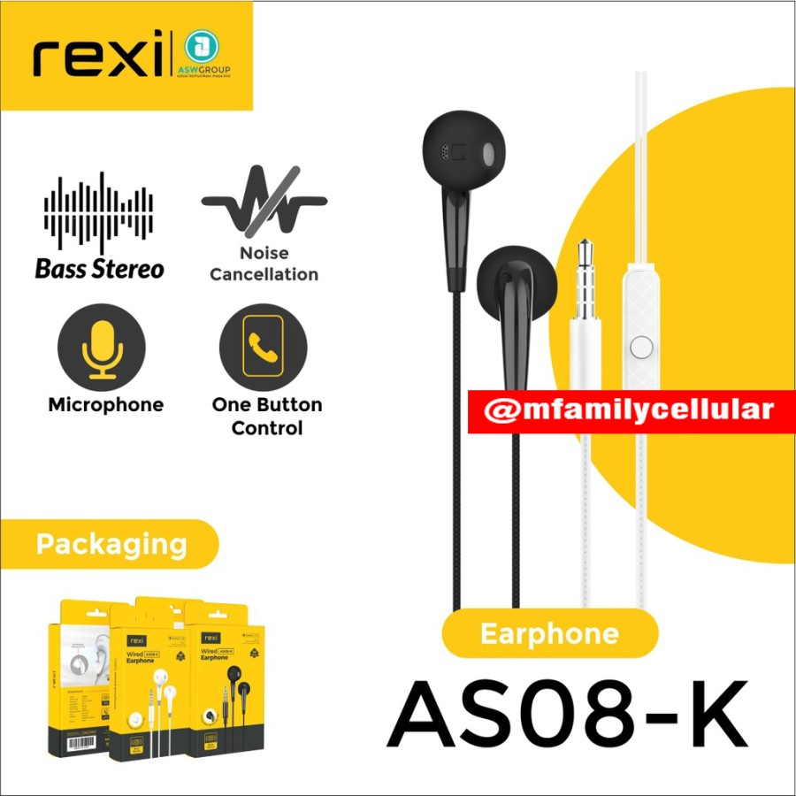 Rexi AS08-K Wired Bass Stereo Earphone Gaming Comportable Silicone Ear