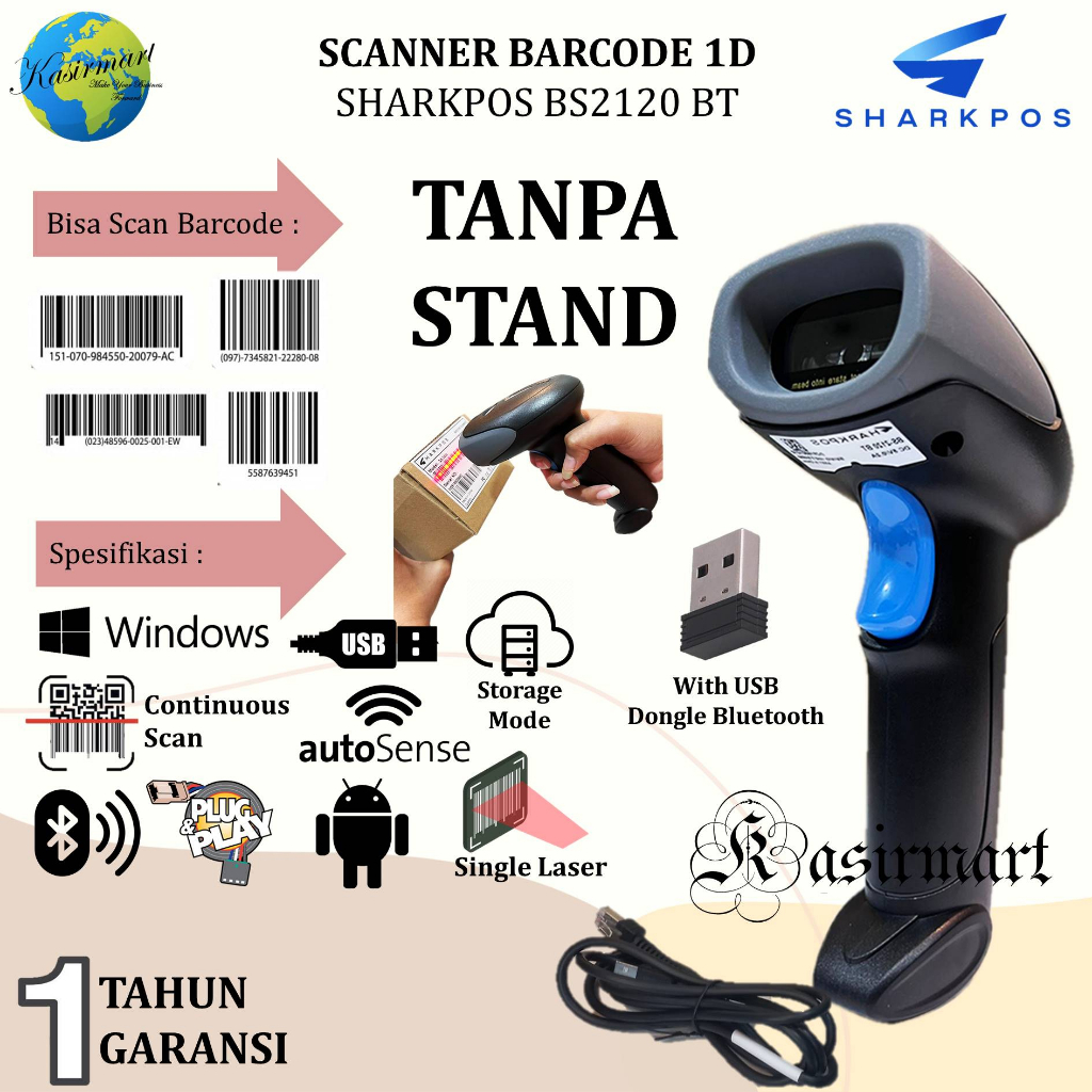 Sharkpos BS 2120 Bluetooth Scanner Barcode 1D Wireless USB Scan Barcode Batang Tanpa Stand BS-2120 BS2120 Dongle