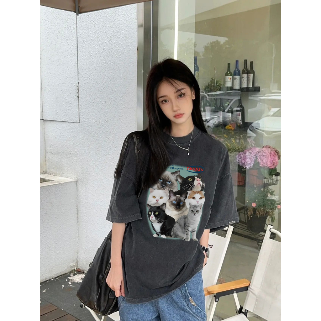 EUNII T-shirt Lengan Pendek Black Washed Cartoon Cat Printing Korean Style/Kaos Atasan Wanita/Baju Wanita/Kaos Wanita