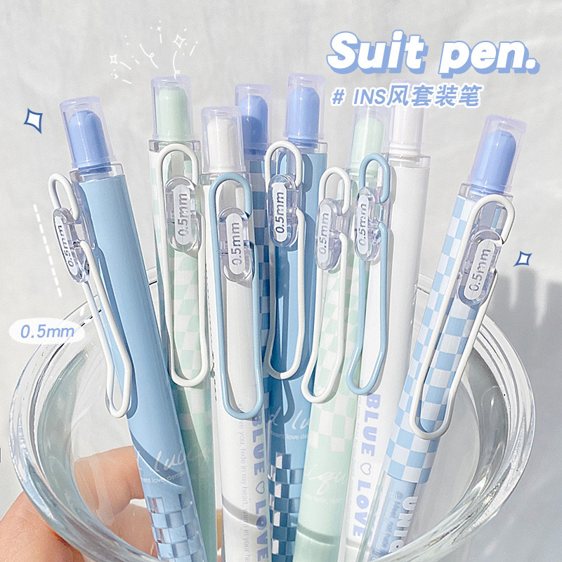 ELFYDO HL0499 Pena Set Gel Motif Kotak-kotak Biru Putih Alat Tulis Sekolah