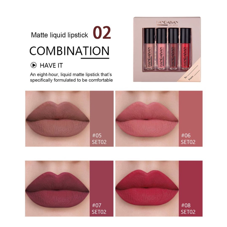 4 COLORS/SET HANDAIYAN Matte Lipgloss Liquid Lembut Tahan Lama Melembabkan Tahan Air Make Up Kit Lady Gift